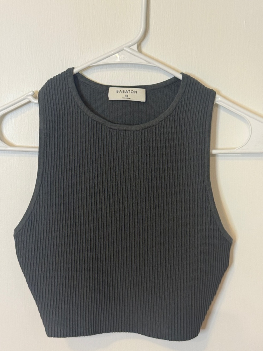 Babaton Ribbed Crewneck Crop Top in Slate Gray